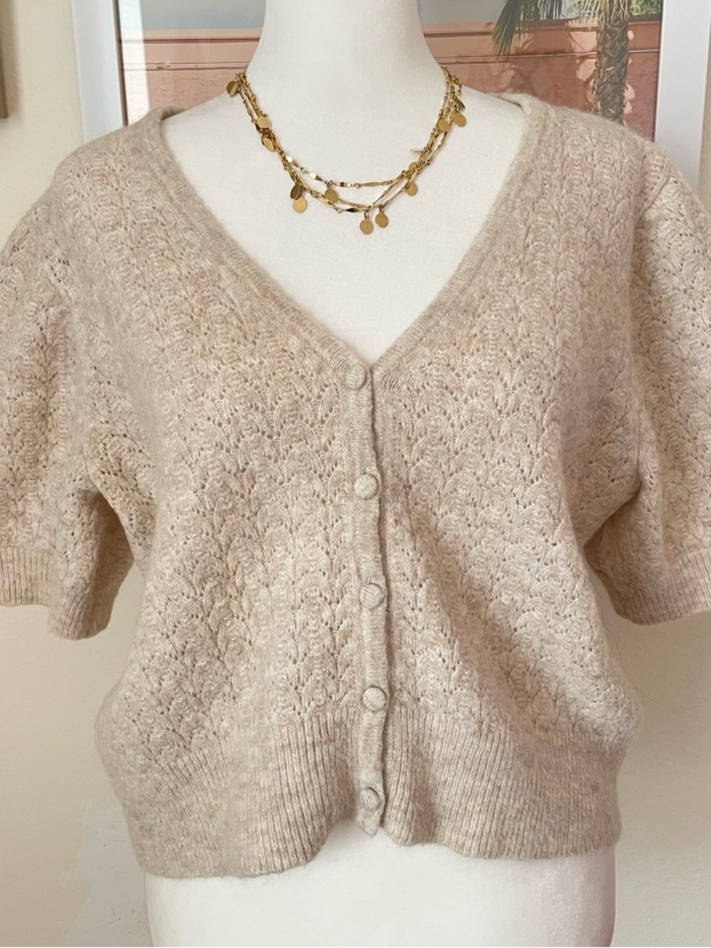 BODEN Pointelle Wool Blend Cardigan In Oatmeal Melange Size Medium - Picture 4 of 7